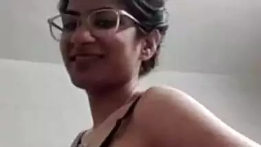 Short hair college girl stripping bra and showing boobs