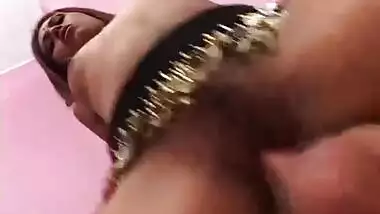 Gorgeous brunette with small tits takes on two horny cocks